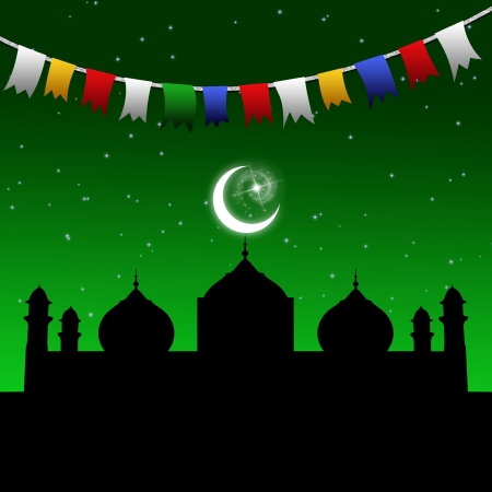 Eid illustration with a festive and colorful garland in a magic night scene with a mosque silhouette and the moon and stars on a green night sky  の写真素材
