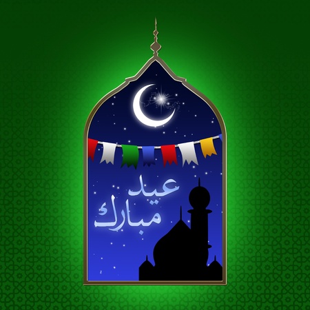 Eid illustration with a festive night scene  a colorful garland, the moon and stars and a silhouette of a mosque displayed in an arabic window on a green patterned background の写真素材