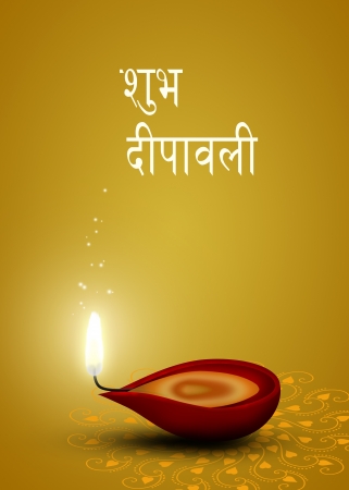 Shubh Diwali Illustration  red diya  a cup-shaped indian oil lamp  with an indian ornamental mandala and the greeting written in Sanskrit の写真素材