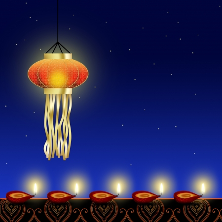 Happy Diwali Illustration  A shiny Diwali lamp with red diyas  cup-shaped indian oil lamps  with an ornamental border on a night sky background の写真素材