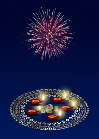 Happy Diwali Illustration  A golden mandala with Ganesha Rangoli and 5 diyas on a dark blue background with fireworks  の写真素材