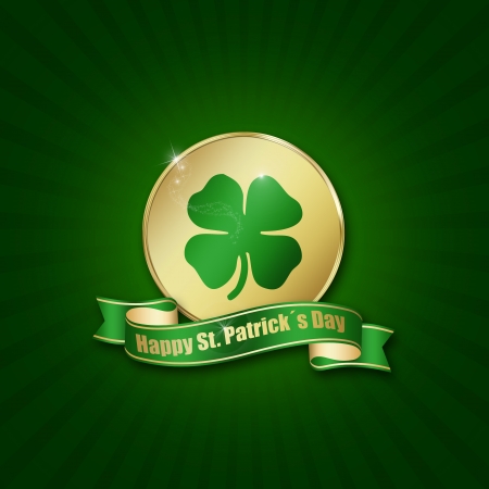 St  Patrick´s Day illustration  A golden coin with a shamrock and ribbon on a green background の写真素材