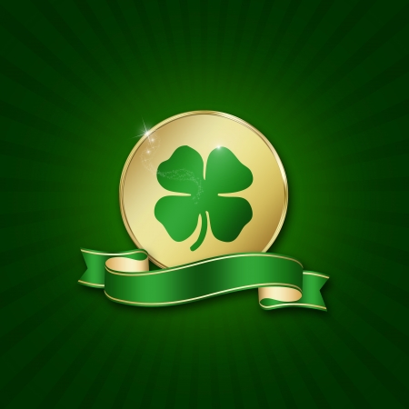 St  Patrick´s Day illustration  A golden coin with a shamrock and a blank ribbon on a green background の写真素材