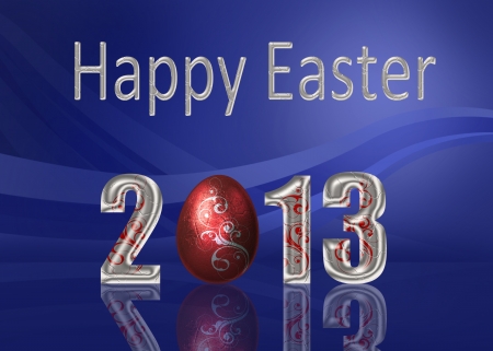 A glamourous Easter illustration  Silver  Happy Easter 2013  lettering with a red metalic style easter egg with silver swirls on an elegant blue background の写真素材