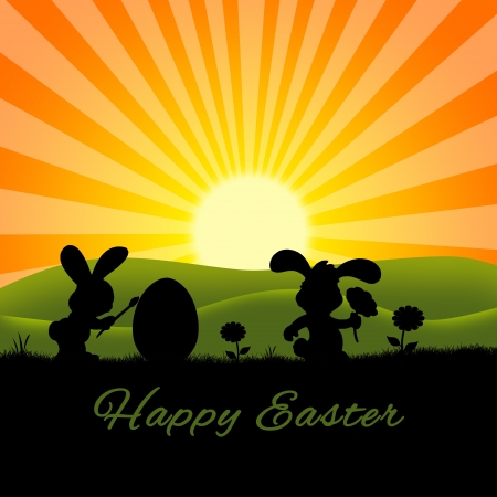 Sunny Easter Illustration  2 cute silhouette rabbits with an egg and flowers on a nature background の写真素材
