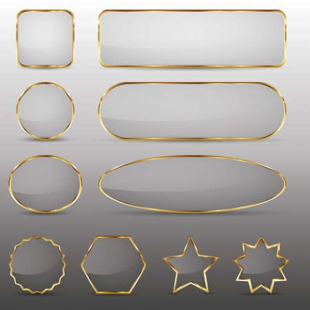 Set of 10 elegant glass buttons with gold frame in different shapes のイラスト素材