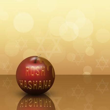 Rosh Hashana Illustration  red apple with honey written Rosh Hashana on a bokeh background の写真素材