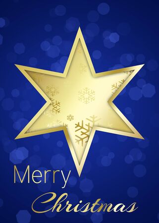 A golden star with snowflakes on a blue bokeh background with Merry Christmas greeting の写真素材