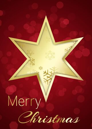 A golden star with snowflakes on a red bokeh background with Merry Christmas greeting の写真素材