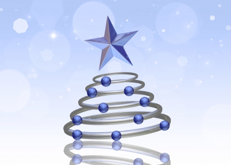 Abstract 3D illustration  A chrome Christmas tree with blue ornaments and a star topper on a light blue bokeh background の写真素材