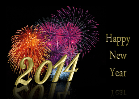 Golden New Year 2014 with a colourful firework display on a black background の写真素材