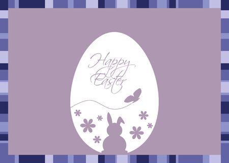 Vector illustration with an Easter egg coloured with silhouettes of a rabbit, butterfly, flowers and Easter greeting on a  blue-purple background with a striped frame のイラスト素材