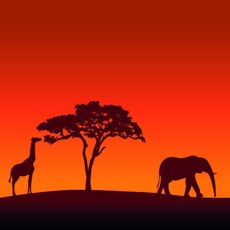 African safari silhouette vector background with a giraffe, a tree and an elephant のイラスト素材