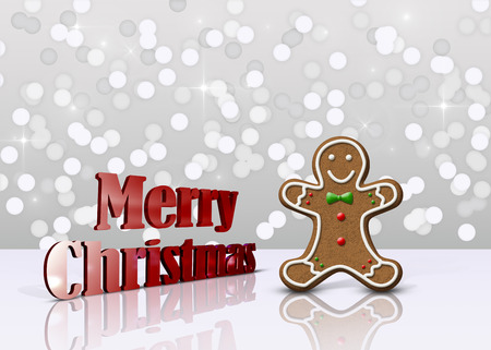 Delicious Christmas illustration: Decorated gingerbread man and red metallic 3D greeting on a light background bokeh glamourous.の写真素材