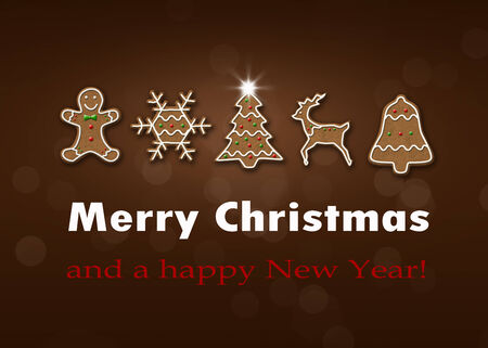 Delicious Christmas illustration: Decorated gingerbread with Christmas greeting on a brown background bokeh.の写真素材