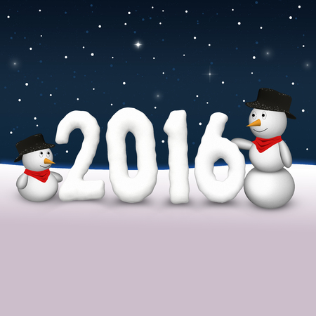 2 cute snowmen are looking to the snowy number of the year 2016thの写真素材