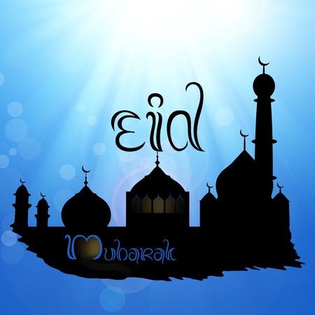 Eid Mubarak illustration: Black silhouette of a mosque on a blue sky with sun and sunrays, greetings and wishes for oath.の写真素材