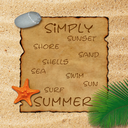 Old parchment paper with palm leaf, stone and starfish on beach sand background. Simply summer: sunset, shore, sand, shells, sea, swim, sun, surf.の写真素材