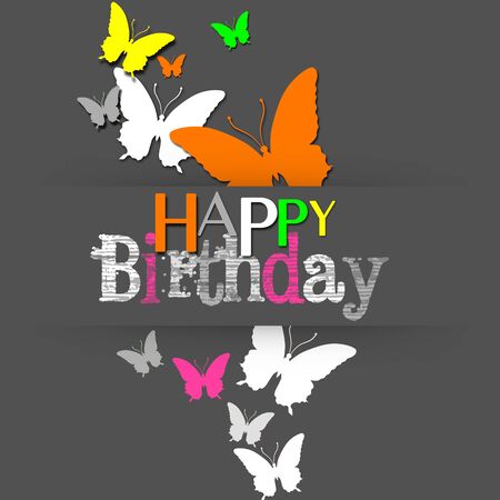 A modern and trendy happy birthday illustration: gray background with colorful neon butterflies.の写真素材