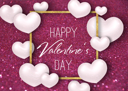 Happy Valentine's Day festive sparkle glitter burgundy dark red background illustration with white realistic 3D hearts and gold foil frame. Text written in modern script letters.の写真素材
