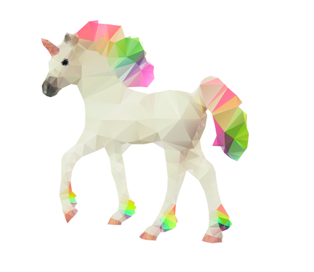 Unicorn low poly polygonal vector illustration with multicolor rainbow mane and tail isolated on a white background.のイラスト素材