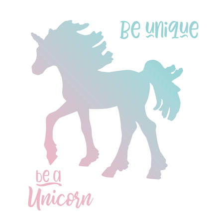 Magic unicorn blue pink pastel gradient vector illustration with quote "be unique be a unicorn" isolated on a white background.のイラスト素材