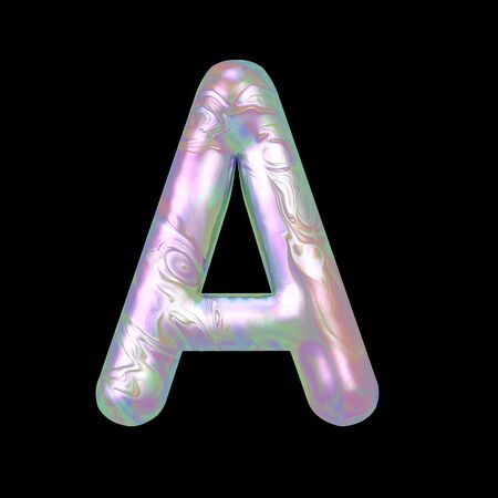 Modern liquid marble holographic 3D render letter A uppercase illustration isolated on a back background.の写真素材