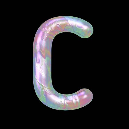 Modern liquid marble holographic 3D render letter C uppercase illustration isolated on a back background.の写真素材