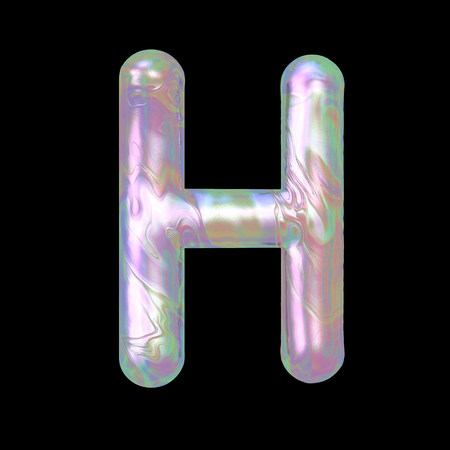 Modern liquid marble holographic 3D render letter H uppercase illustration isolated on a back background.の写真素材