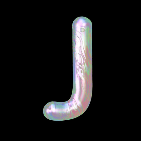 Modern liquid marble holographic 3D render letter J uppercase illustration isolated on a back background.の写真素材