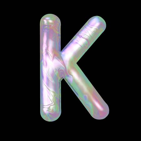 Modern liquid marble holographic 3D render letter K uppercase illustration isolated on a back background.の写真素材