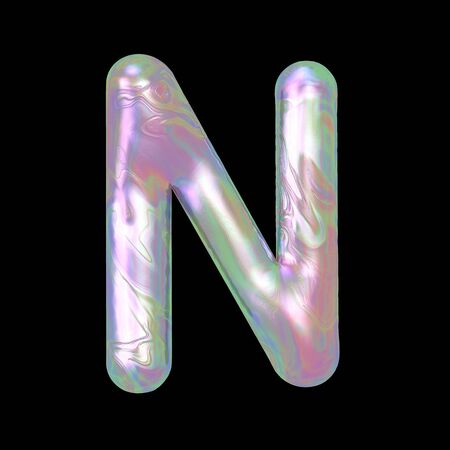 Modern liquid marble holographic 3D render letter N uppercase illustration isolated on a back background.の写真素材