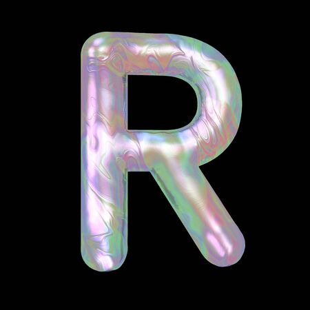 Modern liquid marble holographic 3D render letter R uppercase illustration isolated on a back background.の写真素材