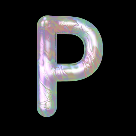 Modern liquid marble holographic 3D render Letter P uppercase illustration isolated on a back background.の写真素材