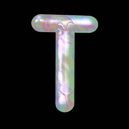Modern liquid marble holographic 3D render letter T uppercase illustration isolated on a back background.の写真素材