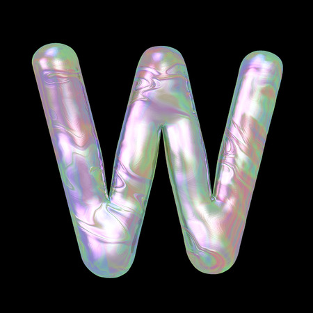 Modern liquid marble holographic 3D letter W uppercase illustration isolated on a back background.の写真素材
