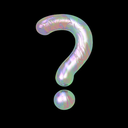 Modern liquid marble holographic 3d render letter symbol question mark? illustration isolated on a back background.の写真素材