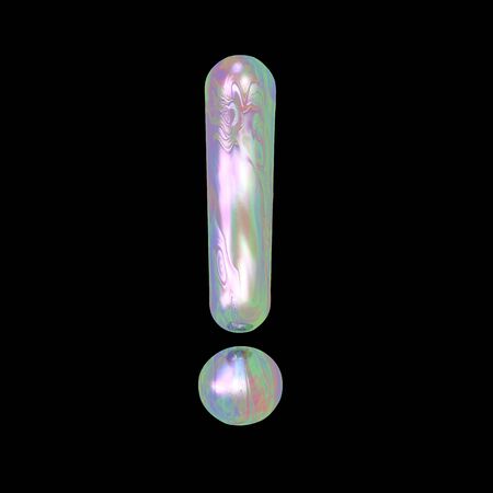 Modern liquid marble holographic 3d render letter symbol exclamation mark! illustration isolated on a back background.の写真素材