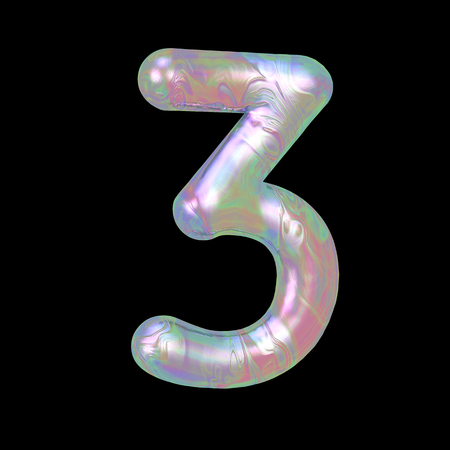 Modern liquid marble holographic 3D render number Three illustration isolated on a back background.の写真素材