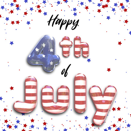 Modern, trendy and elegant stars and stripes 3D illustration featuring Happy 4th of July 3d foil balloons with star-spangled confetti in the national colors of the american flag isolated on white.の写真素材