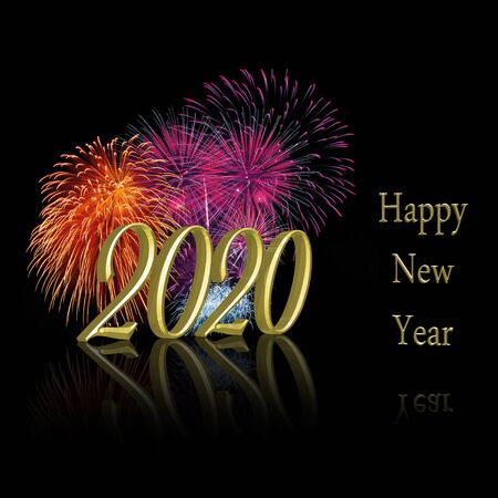 Sparkling precious golden New Year: 3D illustration 2020 with a colorful sparkling fireworks display on a black background.の写真素材