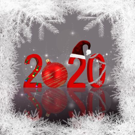 Merry Christmas and New Year illustration: Bauble, Santa Claus has snowflake on a background of bokeh and stars and borders with white tree branches.の写真素材