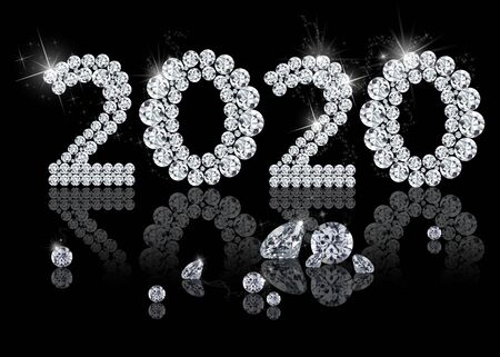 Brilliant New Year 2020: classy, precious, elegant and luxury diamond jewelry illustration with sparkles on a black background.の写真素材