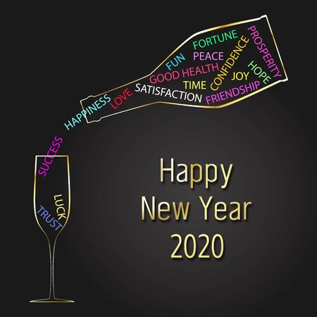 Colorful, modern and golden Happy New Year 2020 illustration: gold champagne bottle pours colored typography wishes for New year into a champagne glass.の写真素材