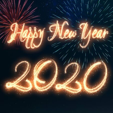 Happy New Year 2020 calligraphy written with sparkle fireworks displayed on a dark night sky. Shiny bright glowing holiday illustration for New Year's and season's greetings.の写真素材