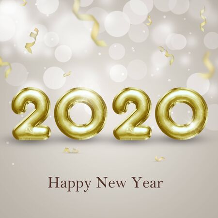 Modern, classy, precious and elegant gold 3D illustration. Happy New Year 2020 3d foil balloons with curled confetti on a light classy bokeh background.の写真素材