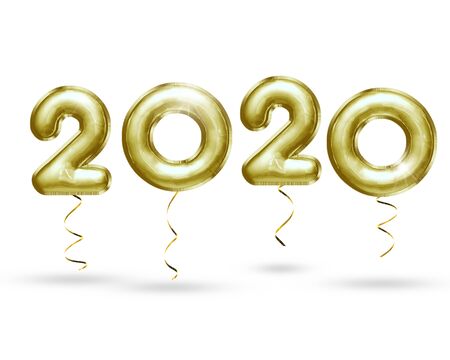 Modern gold 3D illustration. New Year hanging 2020 3d plastic balloons with curled ribbons isolated on white background.の写真素材