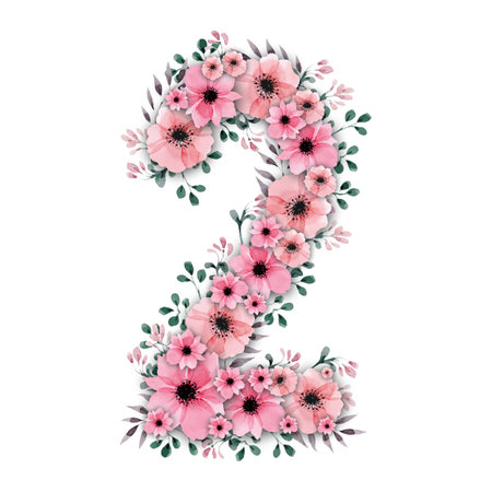 Lovely illustration of big pink watercolor flower number two decorated with green foliage. High-resolution and isolated on a blank background, perfect for creative projects.の写真素材