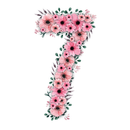 Lovely illustration of big pink watercolor flower number seven decorated with green foliage. High-resolution and isolated on a blank background, perfect for creative projects.の写真素材