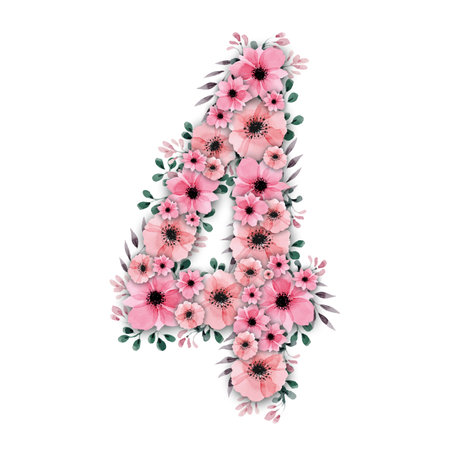 Lovely illustration of big pink watercolor flower number four decorated with green foliage. High-resolution and isolated on a blank background, perfect for creative projects.の写真素材